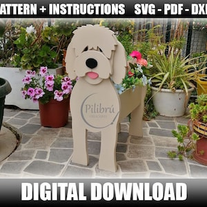 Muster, Goldendoodle Pflanzer, Holzpflanzer, Haustier aus Holz, Hundepflanzer, Laserschnitt, digitale Datei, SVG, DXF, PDF