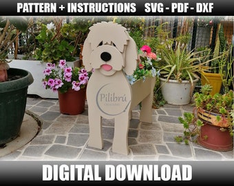 Pattern, Goldendoodle Planter, Wood Planter, wooden pet, dog planter, laser cut, digital file, SVG, DXF, PDF