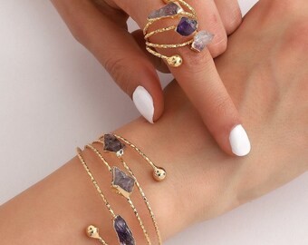 14k guldpläterat armband, ring smyckeset dekorerat med ametiststen