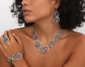 Handmade Silver Plated Boho Jewelry Set: Necklace, Bracelet, Earrings, Ring