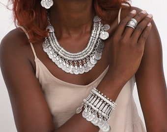 Handmade Silver Plated Bib Jewelry Set: Adjustable Necklace Bracelet Earrings Ring