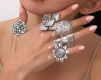 Handmade Silver Plated Geometric Adjustable Rings,Boho Style