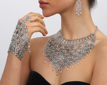 Handgemachte Handwerker versilberte Halskette,Shahmaran,Ohrringe Schmuck-Set