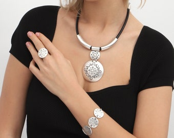 silver plated boho necklace,bracelet,earrings,ring jewelry set