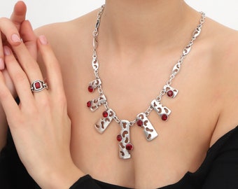 Collier et bague faits main en pierre rouge plaqué argent, parure de bijoux avec bague de style bohème, collier décoratif, cadeau pour elle, cadeau pour maman, bague rouge