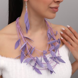 Boho Lilac Leather Necklace Earrings For Women,Lilac Necklace,Leather Choker,Boho Necklace,Statement Necklace,Gifts For Her,Mothers Day Gift