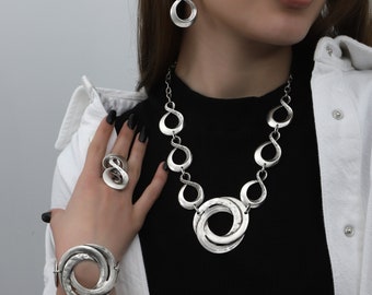 silver plated artisan necklace,earring,ring,bracelet jewelry set,boho style