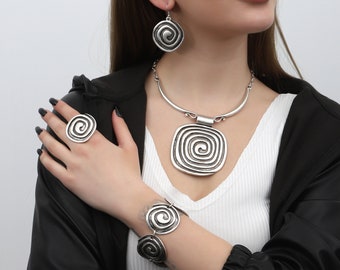 Handmade Silver Plated Boho Necklace,Bracelet,Earrings.Ring Jewelry Set
