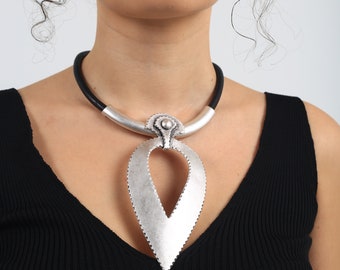 hammered silver-plated necklace with black cord,boho style necklace length 23 inches