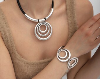 Handmade Silver Plated Circle Necklace Bracelet Set: Boho Statement Jewelry