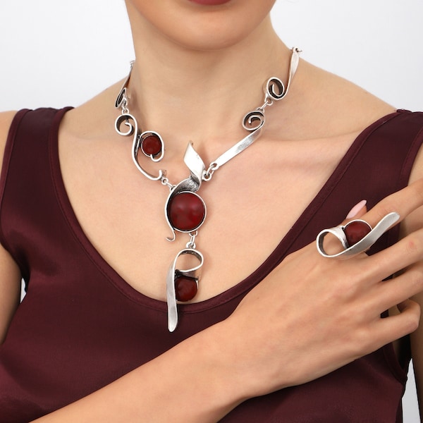 Collier bohème bordeaux fait main en plaqué argent bague femme, collier et bague en pierre bordeaux, cadeau pour elle, cadeau pour maman