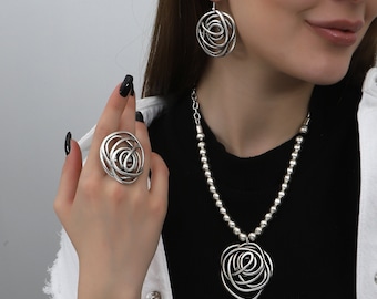 Silver Plated Boho Style Geometric Necklace Earrings Ring Jewelry Set