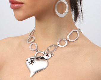 Plata plateada amor collar pendiente mujeres joyería conjunto, collar de corazón hecho a mano pendiente mujeres joyería conjunto, collar de corazón, regalo para ella