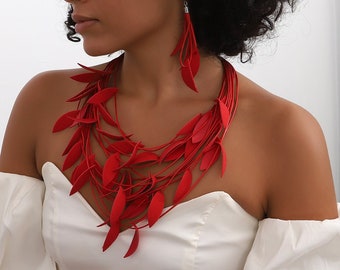 Ensemble de bijoux pour femme avec collier en cuir rouge fait main, Ensemble de bijoux pour femme en cuir rouge, Ensemble de bijoux de style bohème, Cadeau pour elle, Cadeau pour maman