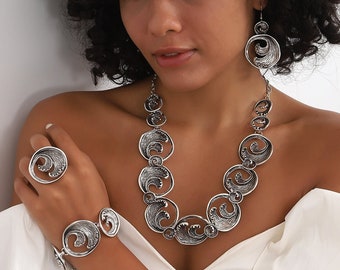 Handmade Silver Plated Sea Wave Necklace Bracelet Earrings Ring Boho Jewelry Set