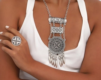 Handmade silver-plated bib necklace and ring jewelry set