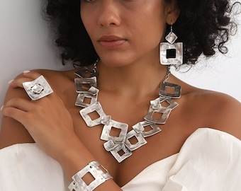 Gehamerde zilveren statementketting voor vrouwen, dikke zilveren ketting, grote zilveren ketting, boho-stijl zilveren ketting, boho-armband, boho-ring