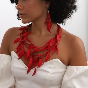 Leather Statement Red Necklace For Women,Real Leaf Red Necklace,Bohemian Scarf Necklace,Boho Chunky Necklace,Leather Red Necklace