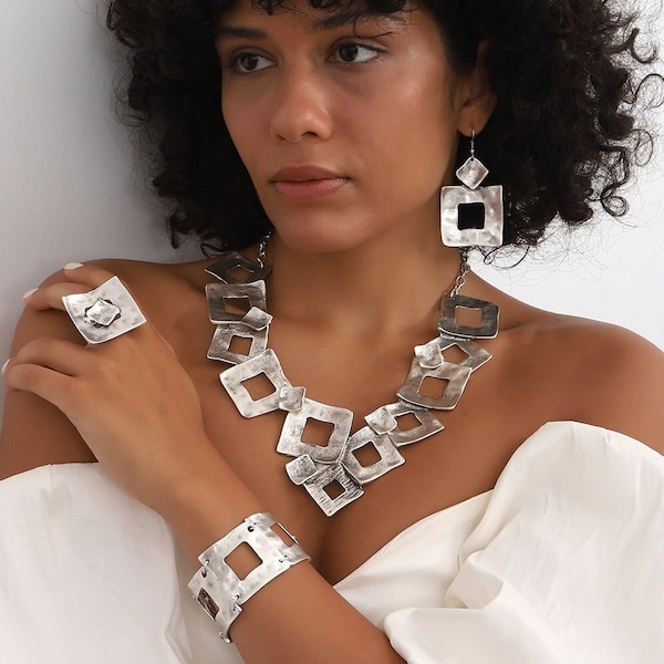 Silver Plated Handmade Boho Style Adjustable Jewelry Set,Handmade Women Necklace Bracelet Earring Ring Set,Boho Jewelry Set,Gift For Her