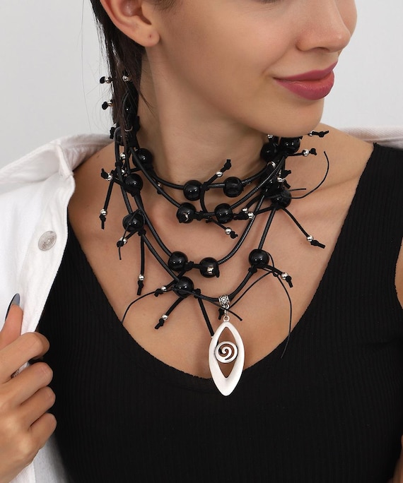 Adjustable Black Leather Necklace: Boho Beaded Statement Jewelry
