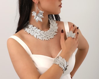 Silver Plated Leaf Jewelry Set: Necklace, Bracelet, Earrings & Adjustable Ring