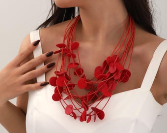 Handmade Red Leather Necklace: Bohemian Layered Statement Jewelry