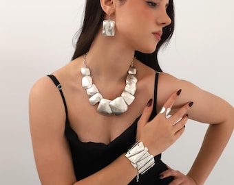 Handmade Silver Plated Boho Necklace,Boho Bracelet,BohoEarring,BohoRing Jewelry Set