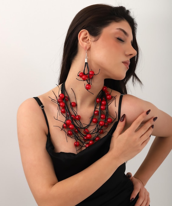 black dress with red earrings RED Black EARRINGS