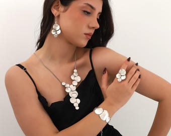 Handmade Silver Plated teardrop Necklace Bracelet Earrings Ring Boho Jewelry Set