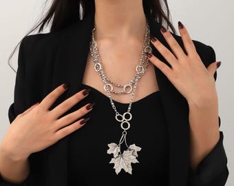 silver plated leaf shaped handmade long necklace,boho style