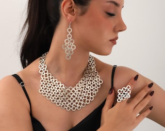 Handmade Silver Plated  Elegant Bib Necklace,Earrings,Ring Jewelry Set