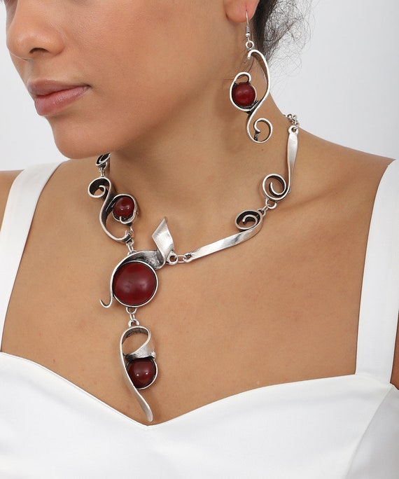 Maroon Jewelry Set,burgundy Silver Necklace,women Earrings