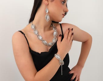 Handmade ,silver plated adjustable necklace,bracelet,earrings bohemian jewelry Set