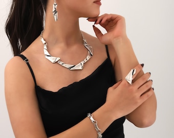 Handmade silver plated adjustable boho necklace,bracelet,ring,earring jewelry set