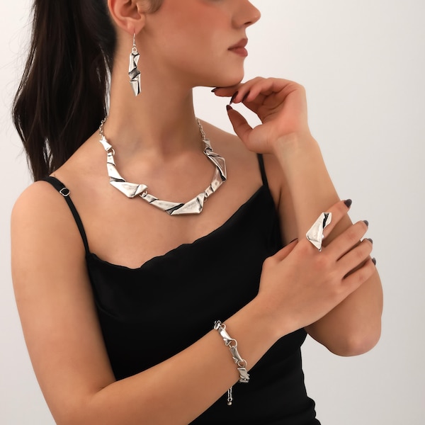 Handmade silver plated adjustable boho necklace,bracelet,ring,earring jewelry set