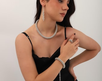 Artisan silver plated boho necklace,bracelet,earrings,ring jewelry set