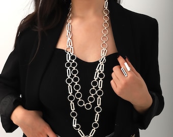 Handmade Silver Plated Long Necklace Ring Boho style jewelry set
