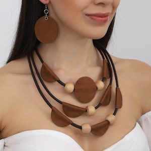 Handmade Brown Leather Necklace,Earrings Set: Bohemian Jewelry