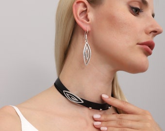 HandMade Leather Choker Necklace&Earring,Black Leather Necklace,Bohemian  Choker Handmade Leather Necklace Earring Jewelry Set