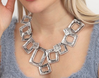 Hammered silver plated adjustable necklace, boho style, necklace length 23 inches