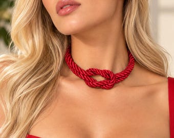 Red Braided Necklace, Adjustable Boho-Style 19-Inch