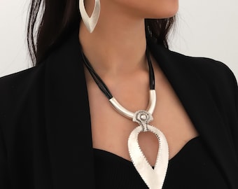 Handmade silver plated oversize drop necklace earrings jewelry set