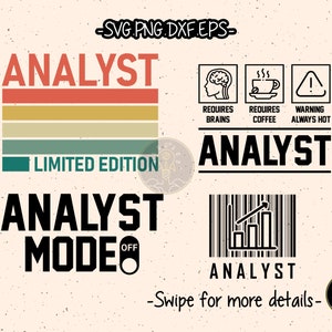 May include: A digital design featuring the word "Analyst" in a retro style with a limited edition label. The design also includes a barcode, a graphic of a brain, a coffee cup, and a warning sign that says "Warning Always Hot".