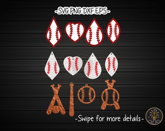May include: A set of baseball-themed earrings and charms for crafting. The earrings are in the shape of a baseball, a heart, and a teardrop. The charms are in the shape of a baseball bat and a baseball. The earrings and charms are all white with red stitching.