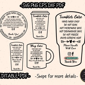 Fillable Editable PDF Tumbler Care Instructions Card Pack SVG Cut File Cricut