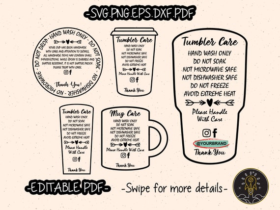 Fillable Editable PDF Tumbler Care Instructions Card Pack SVG Cut File Cricut