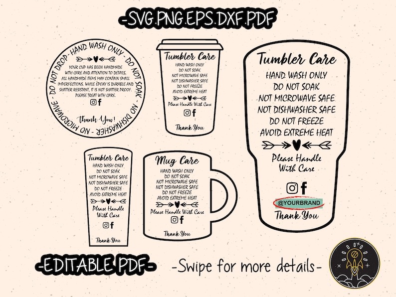 Fillable Editable PDF Tumbler Care Instructions Card Pack SVG Cut File Cricut