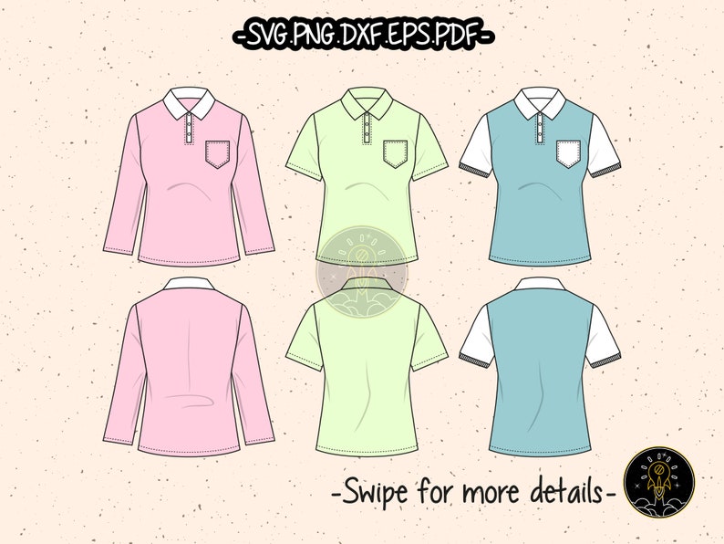 Women's Polo Shirts SVG Cut File CAD Technical Flat Sketch Fashion PDF EPS Vector Clipart Cricut