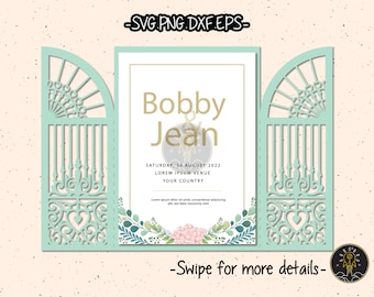 May include: A laser cut wedding invitation with a decorative gate design in teal green. The invitation features the names "Bobby & Jean" and the date "Saturday, 30 August 2022".