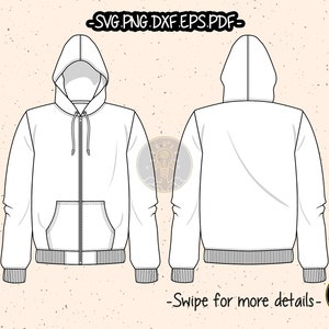 Unisex Zip Up Hoodie SVG Technical Flat Sketch Fashion CAD PDF Cut File Vector Cricut Clipart